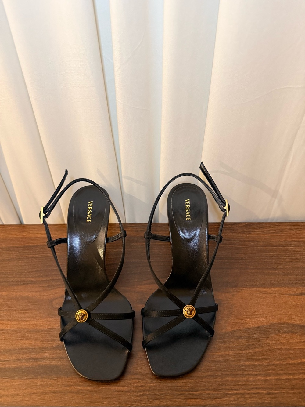 Versace Black Strappy Leather Heels with Gold Medallion